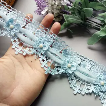 1 Jarda de Luxo Azul Organza, Tule Tecido do Laço 3D Esferas de Flores Bordado Guarnição da Fita de Borda Para DIY de Costura Decote do Vestuário de Decoração