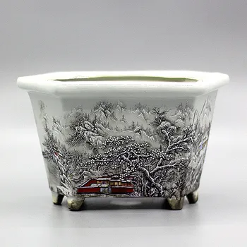 1 pc Chinês Famille Rose de Porcelana de Neve Figura Design Hexágono Vaso de 7,8 polegadas