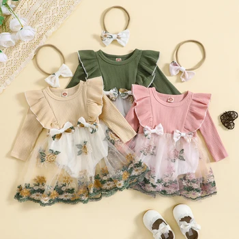 2023 0-2Y Criança Pedaço de Meninas 2 Conjuntos de Roupas Infantil Bordado de Mangas compridas Romper Vestido Bonito Cabeça Outono Roupas de Bebê