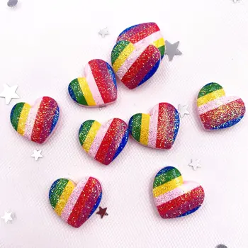 20pcs Glitter Colorido do arco-íris Coração Flatback Cabochão de Pedra em Miniatura Padrão Applique Artesanato DIY Scrapbook OF669