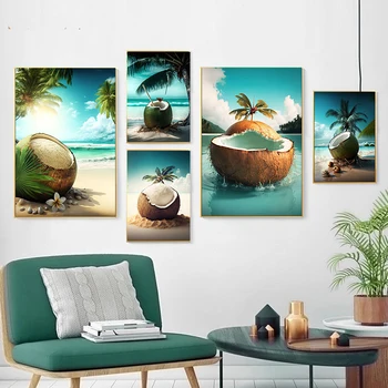 Grande de Coco na Praia, Cartazes e Estampas do Verão do Havaí Beber Bebidas Tela de Pintura, Arte de Parede Fotos de Decoração de Quarto Cuadros