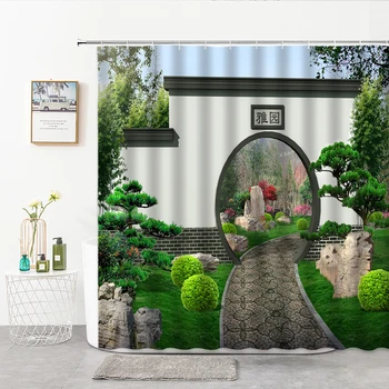 Lua Chinês Portão Cortinas De Chuveiro De Paisagem De Jardim Impresso Casa De Banho Cortina De Pano Poliéster Cortina De Banho Para Decoração Do Banheiro