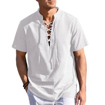 Os homens Verão Henley Camisas Leve de Manga Curta Cruz amarração Frontal de Cor Sólida Viking Camisa de Praia, Tops