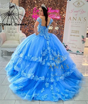 Princesa Azul Royal Fora Do Ombro Ball Gown Vestido Quinceanera Para Meninas Frisado Festa De Aniversário De Vestidos De Apliques De Vestidos De Baile