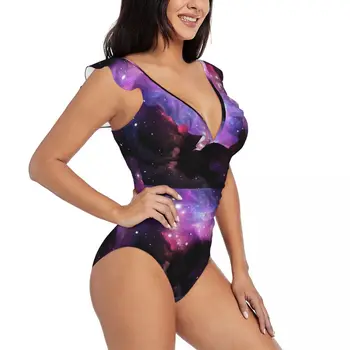Swimwear Das Mulheres Um Maiô Espaço Púrpura Nebulosa Estrelas Feminino De Natação Biquínis Push-Up Monokini Sexy Plissado Maiô