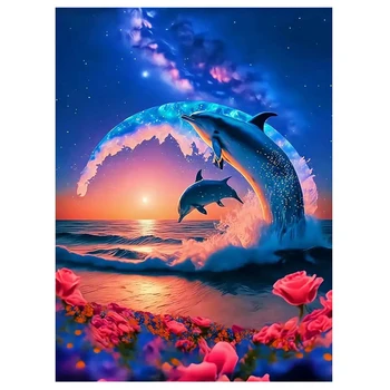 100% de Diamante Pintura 5D Dolphin Noite Cheia Praça de Diamante Redondo Mosaico de flores vista para o mar Diy Resumo de Arte do Ponto de Cruz, decoração arte