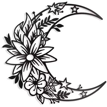 1pc Lua de Metal Flor Arte de Decoração de Preto Boêmio Grande Flor de Lua E Estrela de Parede Sinal de Meia-Lua da Flor Escultura, Decoração de Parede, H