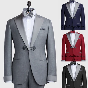 2023 Nova De terno e Blazer Para os Homens Jantar Cinza Smoking 2 Pcs Slim Fit Formal Elegante Jaqueta Casaco de Homem Prateado Lapela de Cetim