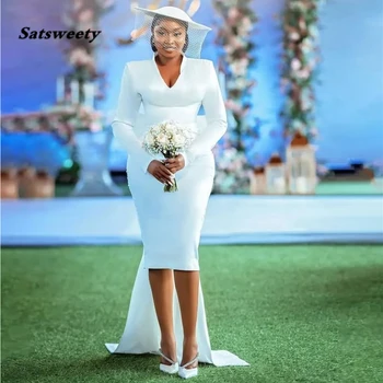 2024 Vestido de Noiva com Trem Destacável V Pescoço Mangas compridas Elegante Vestido de Noiva para Mulheres Bainha Joelho de Comprimento Vestidos De Noiva