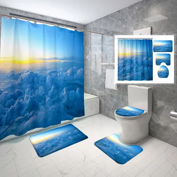 4 Pedaço de Nuvem Cortina de Chuveiro de Conjuntos Simples de Céu Azul de Nuvens com antiderrapante Tapetes Wc tampa Tampa e Impermeável Cortina de Chuveiro Conjunto
