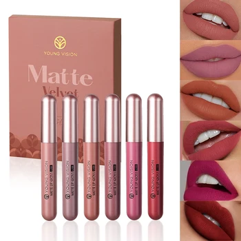 6pcs Matte Lip Gloss Conjunto de Veludo Batom Lip Gloss Nua Líquido Colorido Impermeável Adequado de Maquiagem Para Meninas/Mulheres de Presente 2024 Novo