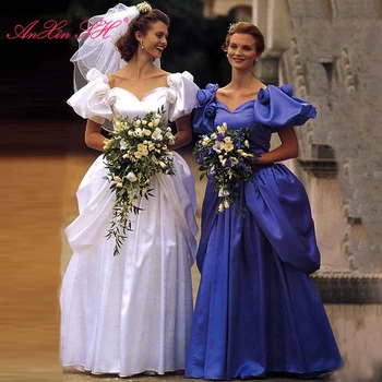 AnXin SH vintage de tafetá branco, a princesa barco feito à mão no pescoço de rose puff manga babados noiva azul royal Antigo vestido de noiva
