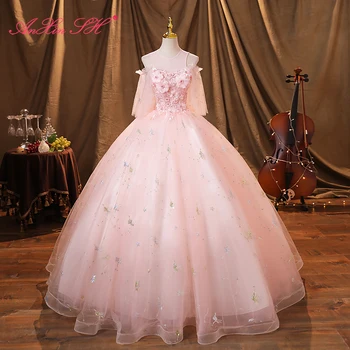 AnXin SH vintage laço cor-de-rosa da flor o pescoço brilhantes beading cristal princesa babados festa de noiva vestido de baile vestido de noite