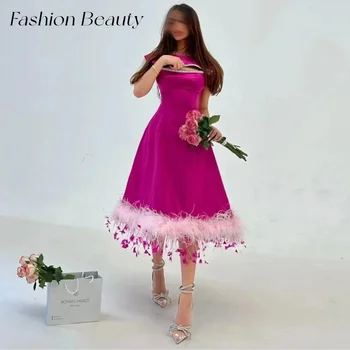 Beleza de moda de Corte de Vestidos de Baile de Uma Linha Moderna de Penas cor-de-Rosa Brilhante sem Mangas Arábia Mulheres Ocasião Formal Vestido de Noite