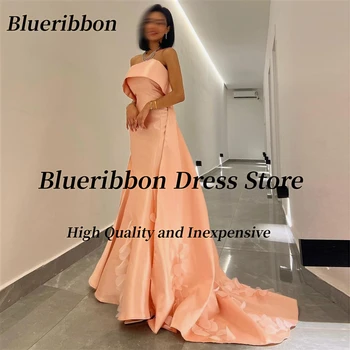 Blueribbon Robe De Marrige Strapless Prom Vestidos Longos Trem da Varredura 3D-Applique Sereia Festa de Noite Formal, Vestido de