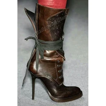 Brown Cruz Amarrado Cavaleiro Meados De Bezerro Botas De Dedo Do Pé Redondo Stiletto Salto Alto Volta Zíper Mulheres Sapatos De 2023 Nova Moda Zapatos Para Mujere