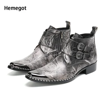 Cinza e Branco de Ferro Toe Botas Curtas para os Homens do Lado do Zíper Preto Botas de Meados de Bezerro Sapatos de Negócios Formal Tornozelo Botas Sapatos Masculinos