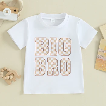 Criança Big Bro-Shirt de Verão de Xadrez Letra Imprimir Gola Manga Curta T-Shirts para os Meninos