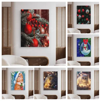 Decoração de casa, quarto de Natal cães e gatos de neve pinturas em tela, cartazes de parede, imagens para viver decoração estética