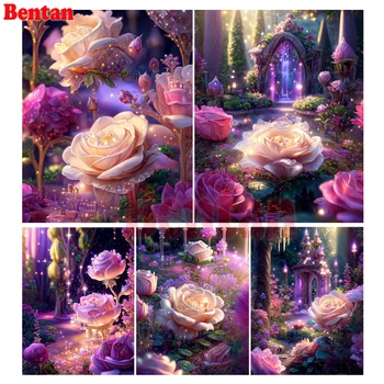Diamante Pintura Fantasia Rosa Flor de Ponto de Cruz, Bordado DIY Mosaico, Bordados Completa Praça de Strass Decoração Home