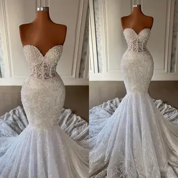 Encantador Querida Apliques de Renda Sereia do Vestido de Casamento para a Noiva 2023 Trem da Varredura Pérolas Robe De Mariage Vestidos de Noiva