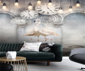Europeus e Americanos nostálgico criativo relógio cisne branco PLANO de fundo de parede decoração mural de fotos em 3D papel de parede personalizado com foto