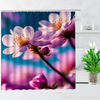 Florescendo Colorido Floral Cortina de Chuveiro de Sonho Rosa Flor Estética da Arte de Impressão Banho à prova d'água Decoração Cortinas de Banheira com Gancho