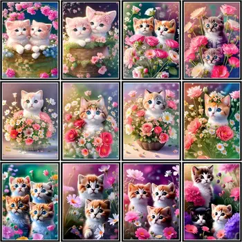 GATYZTORY de Pintar Por Números de Flores Bonito Imagens de gatos Para Adultos Sobre Tela, Moldura de Colorir Desenho Número de Animais a Decoração Home