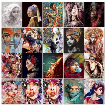 GATYZTORY Pintura a Óleo Pelo Número de Mulheres Retrato Em Tela 60x75 Quadro de Diy Conjunto de Pintura Para Adultos Imagem de Desenho Colorir Por Numbe