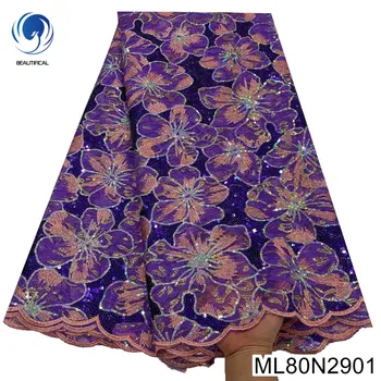 Generoso, Delicado Bordado Planta do Projeto da Flor Africana Sequin Tecido com Costura francesa, Tule de Malha Lace Vestido de Festa ML80N29