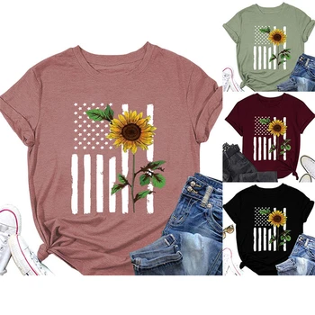 Girassol Impressão de Mangas Curtas em torno do Pescoço T-Shirt para as Mulheres de 4 de julho, Dia da Independência Americana Patriótica de Decoração de Moda Tops