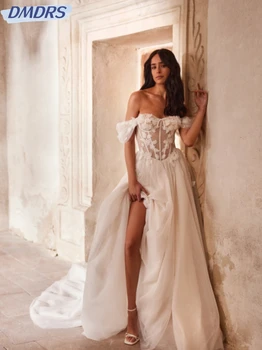 Graciosa Fora Do Ombro Noiva Veste Clássico Apliques 3D Flor Vestido de Noiva Brilhante de Uma linha Longa do Vestido de Casamento de Robe De Mariée