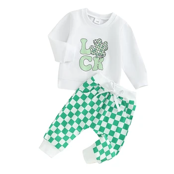 Infantil Criança Bebê do Dia do St Patrick Roupa Trevo Letra T-Shirt Manga Longa Tops e Jogger Calças Conjunto