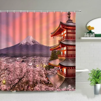 Japonês Paisagem Tema Cortinas De Chuveiro Torre Do Japão, O Monte Fuji Paisagem Cerejeira Em Flor Cortina De Banheiro Conjunto De Decoração De Pano