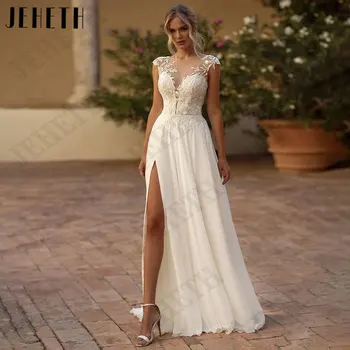 JEHETH Apliques de Chiffon em Uma Linha de Vestidos de Noiva sem Mangas Lado de Divisão de Noiva Vestidos de V-Pescoço para Trás Botões de vestido de noiva casamento