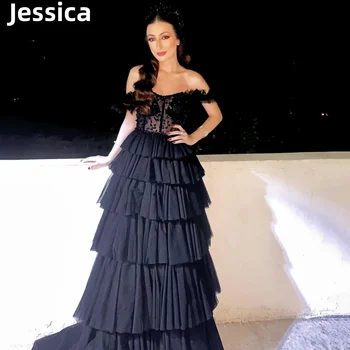 Jessica Laço Preto Bordado de Vestidos de Baile de Tule Multi-camadas Senhora Elegante Vestidos de Noite 2024Vestidos De Noche Festa Dressese