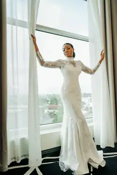 Lindo Decote Alto Apliques de Laço da Sereia do Vestido de Casamento De 2022, Luxo, Sexy Mangas compridas Vestido de Noiva Vestido de Noiva 4.9