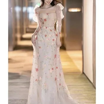 Luxo Bordado de Noite Formal Vestidos de Mulheres 2023 Correia de Impressão Vestido de Casamento do Vintage Flor de Aniversário, Vestido de Uma linha de Vestidos