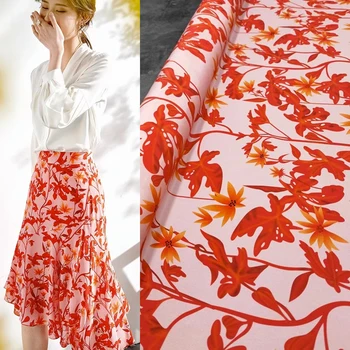 Moda Nova Red Maple Leaf de Seda Impressa de Estiramento Crepe De Chine Tecido Elegante Vestido de Camisa High-end Designer de Home Tecido