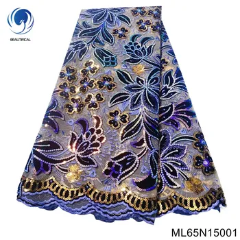 Nova Moda Africana Laço de Veludo Bordado de Lantejoulas Decoração francesa de Malha de Tecido do Laço Cheio de Encanto de Vestido de Festa ML65N150