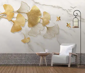 papéis de parede de decoração de casa de forma Moderna da luz de luxo de ouro ginkgo folha pássaro voando em mármore padrão de Foto 3d papel de parede