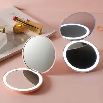 Portátil Mini Folding Luminoso do DIODO emissor de Espelho para Maquiagem 2X Rodada Espelho de aumentar Diodo emissor de Luz com USB Carregue Moda, Cosméticos Ferramenta