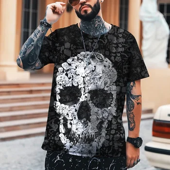 Primavera/Verão 2024 Homens 3D Impresso T-shirt Horror Crânio de Tamanho Mais Solto Confortável, Respirável e de Rápida Secagem Topo