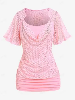 ROSEGAL Plus Size Sobreposição de Renda da Cadeia de Decoração Ruched Luz de Topo-de-Rosa Tee Mulheres Moda Verão Borboleta Sleeve T-Shirts 4XL
