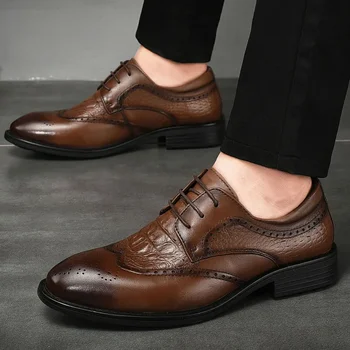 Sapatos de couro para Homens Lace Oxfords Sotaque de Sapatos Formal, Festa de Casamento Escritório de Negócios Casuais Sapatos de Couro