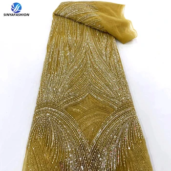 Sinya 10 Cores Ouro Africana De Luxo Mão Pesada De Renda Frisado Tecido Nigeriano De Tule Francês Bordado De Pérolas Lantejoulas De Noiva Cordões