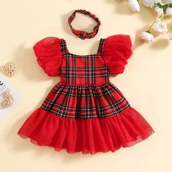 Vestido de natal para os bebés de Duas peças de Xadrez de Manga Curta Princesa Vestido Vermelho e Cabeça de Natal de Criança Roupas de Criança